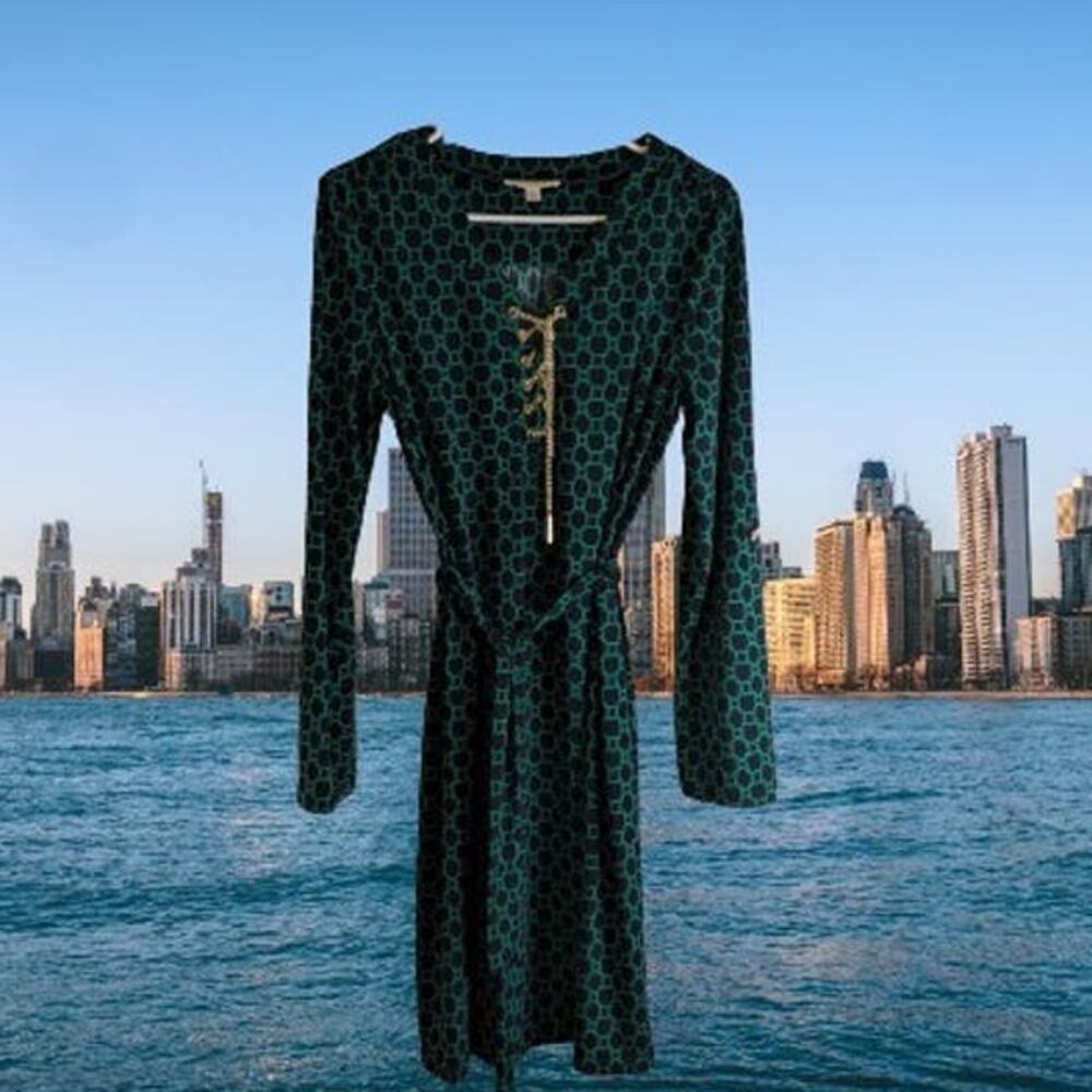 Spense 8 adjustable long sleeve Navy and teal polyester blend stretch dress.